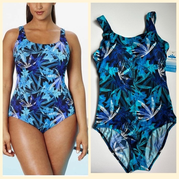 Aquabelle one piece Swimsuit Women Sz 20 Blue Leaf Print Chlorine Resistant - Picture 1 of 8